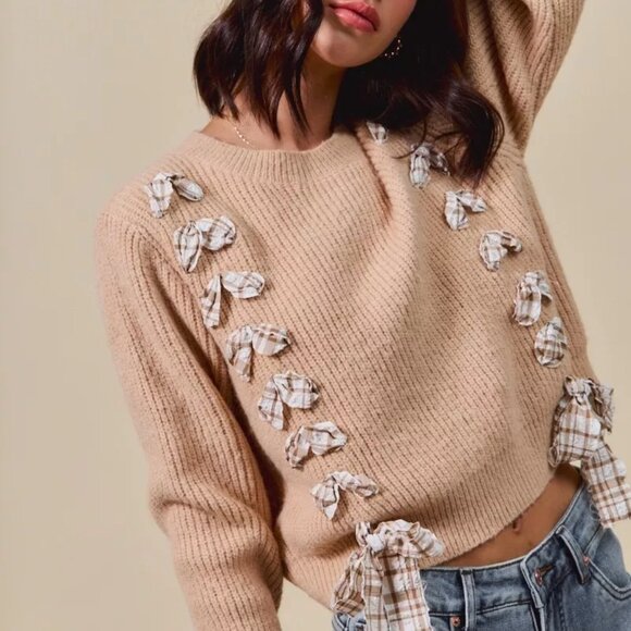 SO ME Checkered Plaid Tape Lace Up Ribbed‎ Sweater - Picture 2 of 16